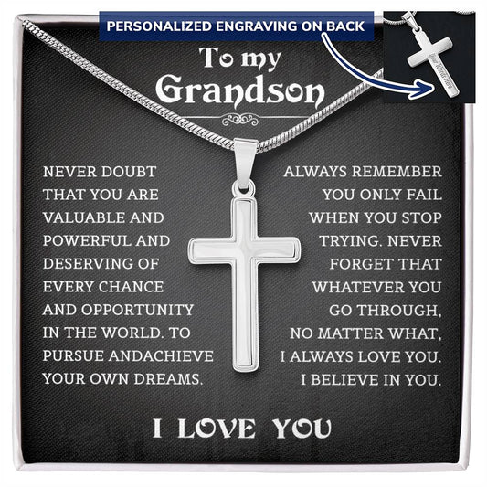 To My Grandson Cross Necklace From Grandparents, Nana And Grandson Gifts, Fathers Day Valentines Christmas Birthday Gifts for Grandson, To My Grandson Necklace From Grandfather With Message Card and Gift Box.