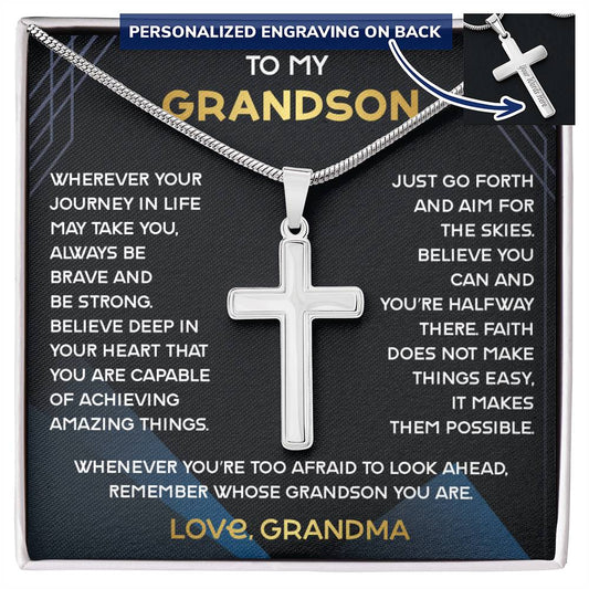 To My Grandson Personalized Cross Necklace | Christmas Gift From Grandma, Grandmother To Grandson With a Sentimental Message Card