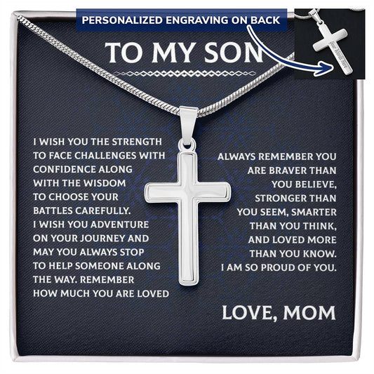 To My Son" Cross Jewelry Necklace from Mother - A Heartfelt Gift for Birthday or Graduation, Symbolizing Love, Strength, and Wisdom