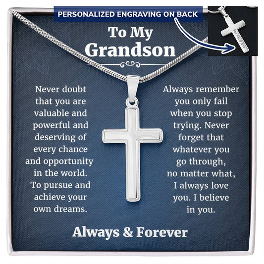 To My Grandson Cross Necklace From Grandparents, Nana And Grandson Gifts, Fathers Day Valentines Christmas Birthday Gifts for Grandson, To My Grandson Necklace From Grandfather With Message Card and Gift Box.