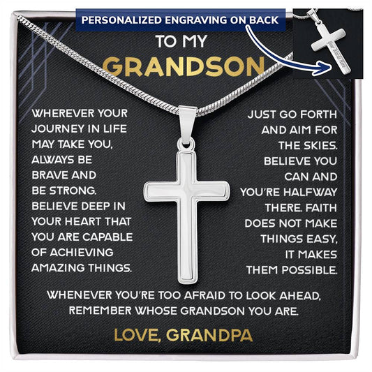 To My Grandson Necklace From Grandpa, Stainless Steel Cross Pendant Necklaces for Men Anniversary Birthday Christmas Gifts For Grandson From Grandfather, Cross Pendant Gift for Grandson, Graduation Gifts For Grandson, Gifts For Teenage Boys