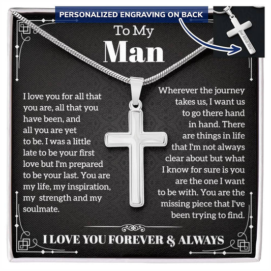 To My Man Personalized Cross Necklace, Stainless Steel Cuban Chain Cross Pendant Necklace, Valentine's Day Gift With Card And Gift Luxury Box