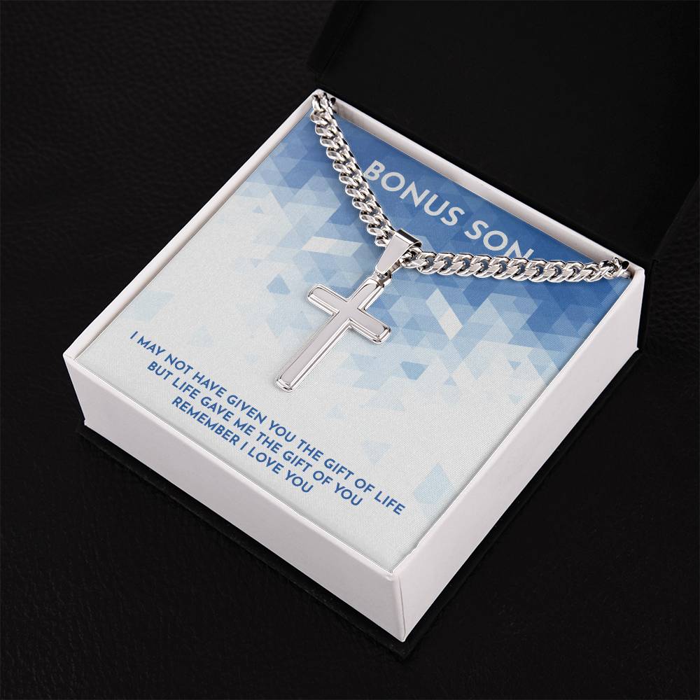 To My Bonus Son Cuban Chain with Artisan Cross Necklace, Inspirational Gift For Stepson, Unique Grown Up