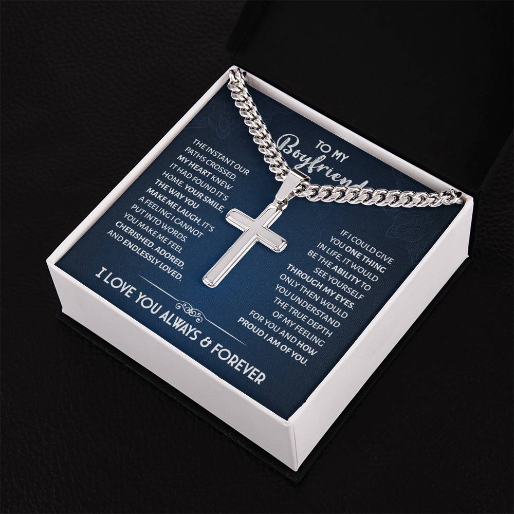 Boyfriend Gifts Cuban Chain With Artisan Cross Necklace Boyfriend Jewelry Fathers Valentines Day Gifts for Boyfriend Him Anniversary Religious Christmas Gifts