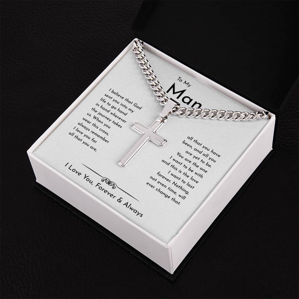 To My Man Cuban Chain With Artisan Cross Necklace • Birthday Gift • Valentine's Day Gift • Christmas Gift • Anniversary Necklace