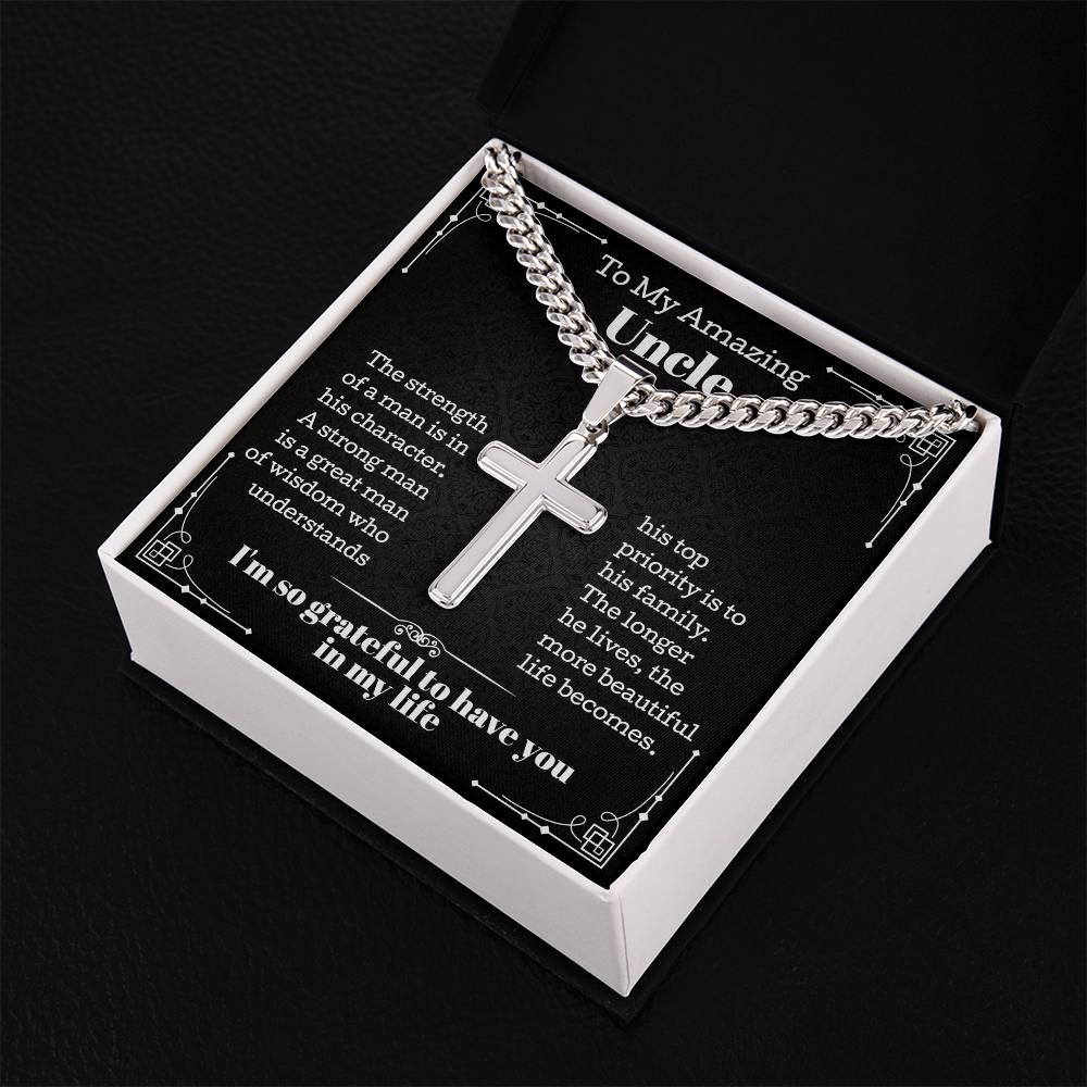 Cuban Chain with Artisan Cross Necklace for Uncle, Birthday Gifts for Uncle, Personalized Cross Necklace, Appreciation Necklace from Nephew or Niece