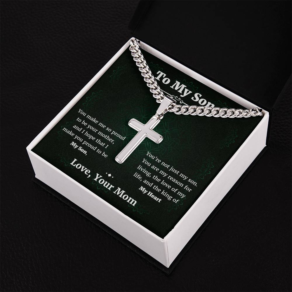 To My Son Cuban Chain with Artisan Cross Necklace • Son Gifts from Mom • Mother to Son Gifts • Gifts for Son Birthday • Unique Gift for Son from Mother