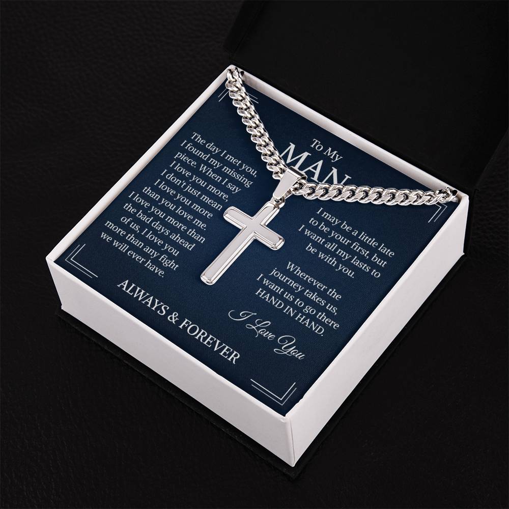 To My Man Gift, Cross Necklace for Men, Cuban Chain Pendant Necklace, for Husband, Boyfriend, Soulmate, Men's Christmas Gift, Wedding Gift