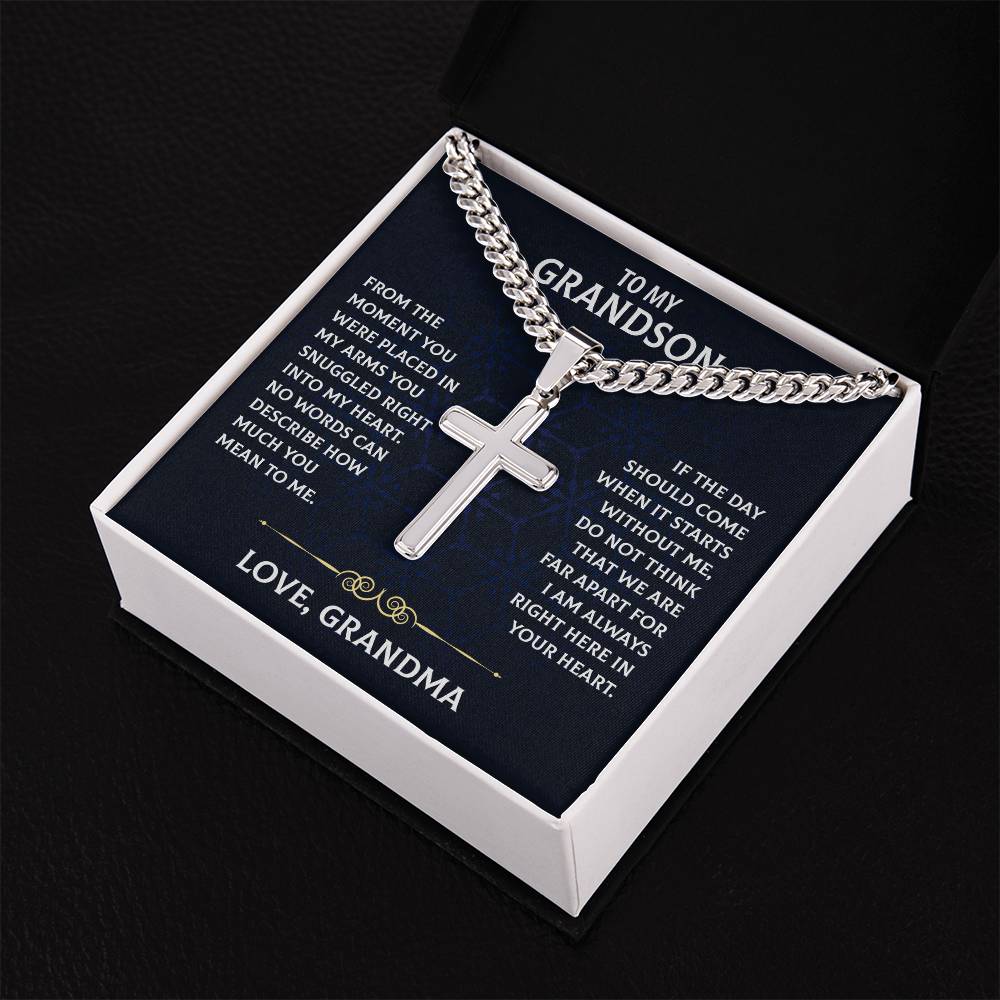 To My Grandson, Cuban Chain With Artisan Cross Necklace, Heartfelt Jewelry Card, Meaningful Birthday Gift, Christmas Gift Grandson, Cross Pendant Gift