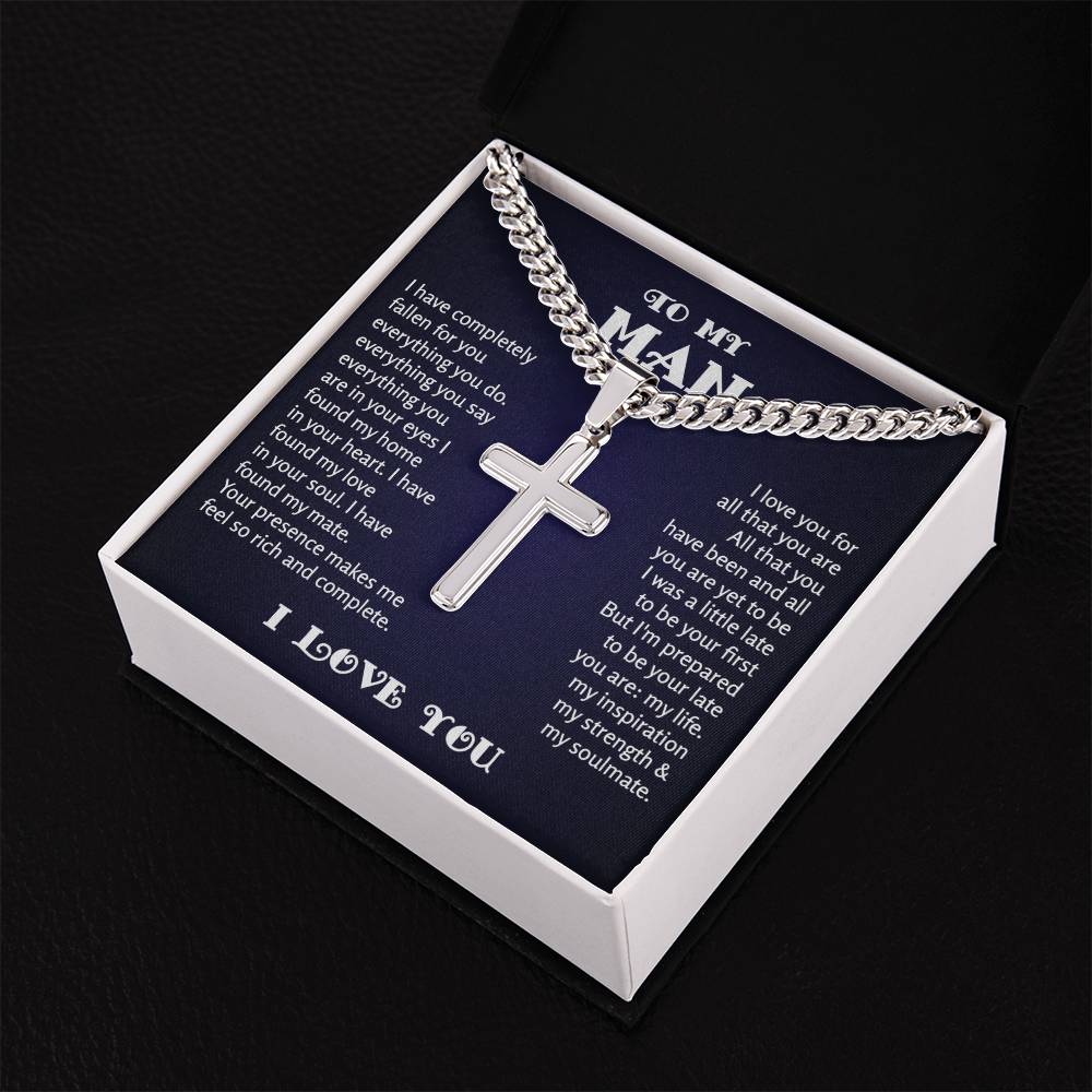 To My Man Cuban Chain with Artisan Cross Necklace Necklace, Gifts For Boyfriend From Girlfriend, For Husband From Wife