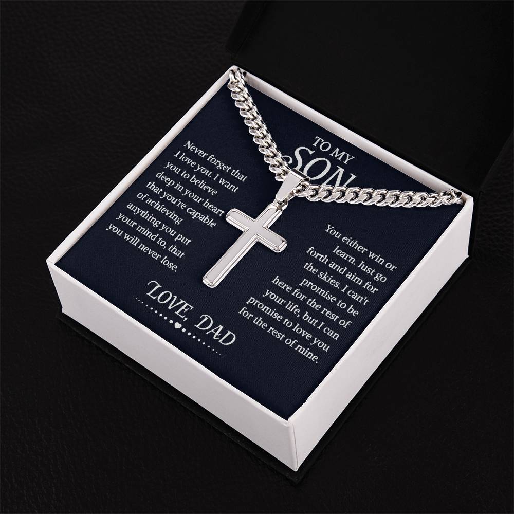 To My Son Cuban Chain With Artisan Cross Necklace From Dad, Son Gift From Dad, Father And Son Necklace, Christmas Birthday Graduation Gifts For Son