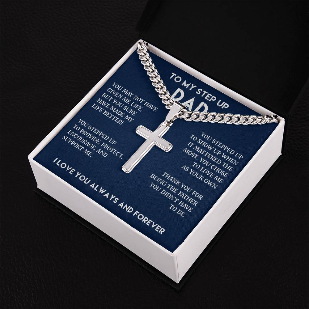 To my Step Dad Up Necklace Gift, Cuban Chain with Artisan Cross Necklace