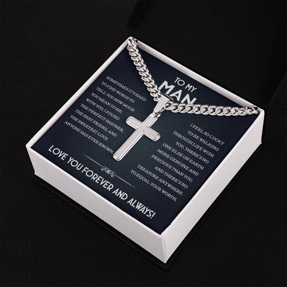 My Man Cuban Chain With Artisan Cross Necklace, Gifts For Boyfriend From Girlfriend, Gifts For Husband From Wife