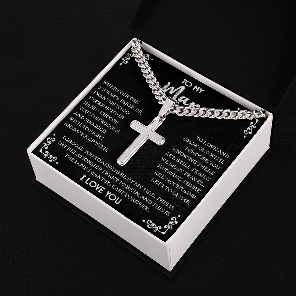 To My Man Cuban Chain with Artisan Cross Necklace, Gift For Boyfriend From Girlfriend, Necklace For Husband From Wife