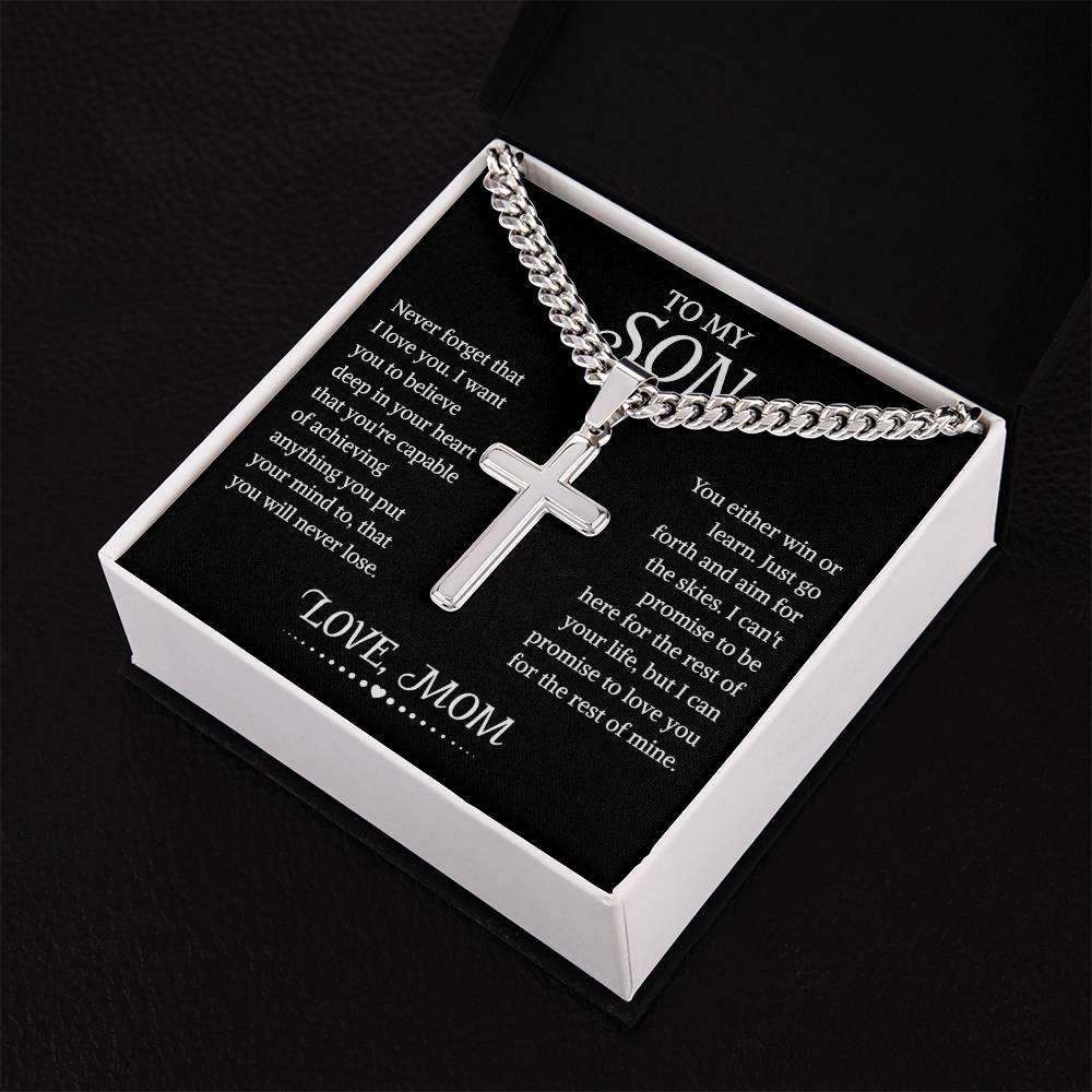 To My Son Cuban Chain With Artisan Cross Necklace From Mom, Son Gift From Mom, Mother And Son Necklace, Christmas Birthday Graduation Gifts For Son