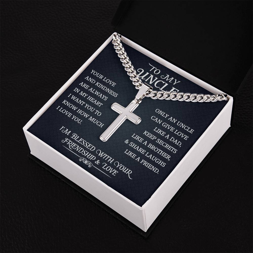 To My Uncle Cuban Chain With Artisan Cross Necklace, Uncle Birthday Gift, Message Card Jewelry, Appreciation Necklace for Uncle from Nephew or Niece