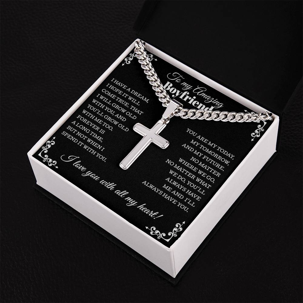 Gift for Boyfriend, Cuban Chain With Artisan Cross Necklace from Girlfriend, Boyfriend Anniversary Christmas Jewelry