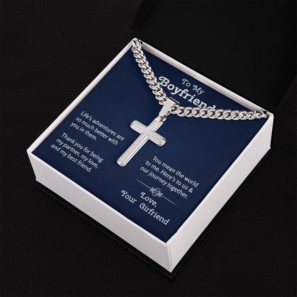 Gift for Boyfriend | Cuban Chain With Artisan Cross Necklace from Girlfriend | Boyfriend Anniversary Jewelry