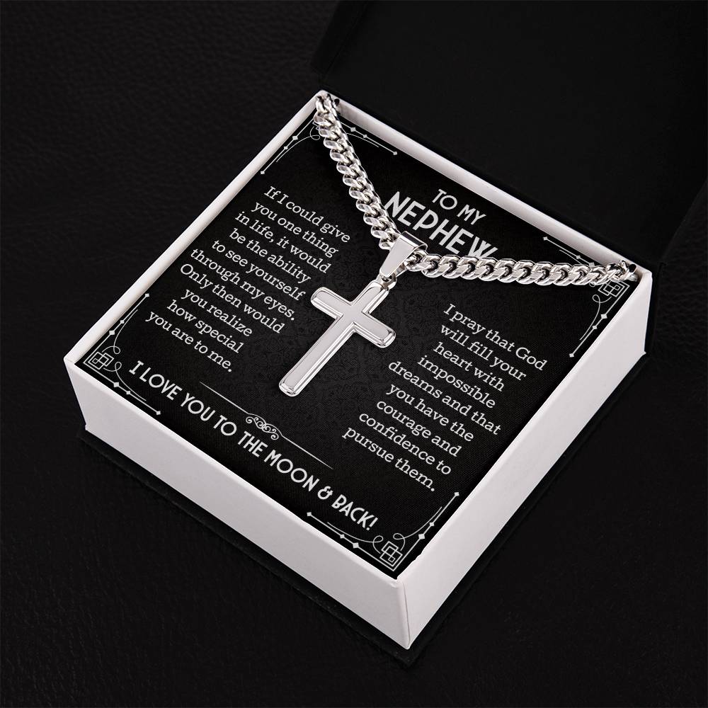 To My Nephew Cuban Chain with Artisan Cross Necklace • Nephew Gift for Men • Message Card Nephew Jewelry • Necklace for Nephew for Birthday Christmas