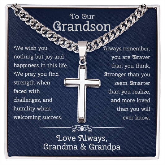 To Our Grandson Gift from Grandma and Grandpa • To Our Grandson Necklace • Cuban Chain With Artisan Cross Necklace