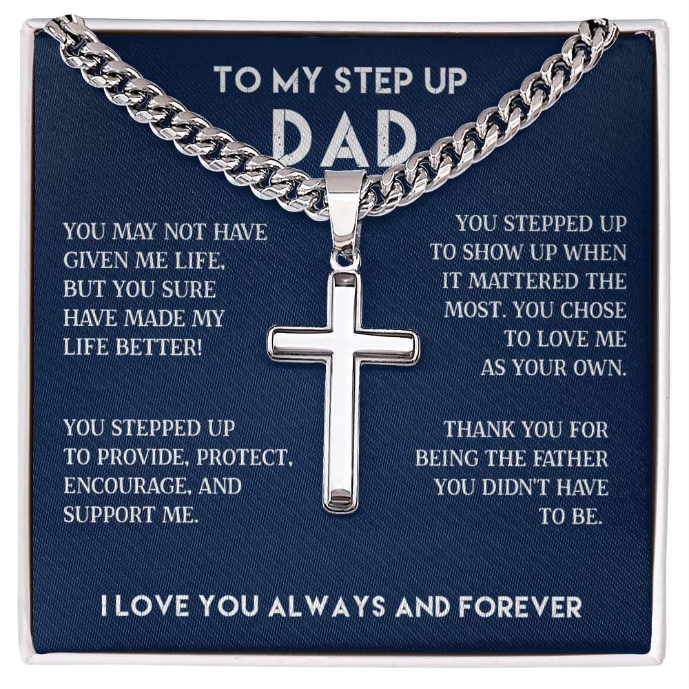 To my Step Dad Up Necklace Gift, Cuban Chain with Artisan Cross Necklace