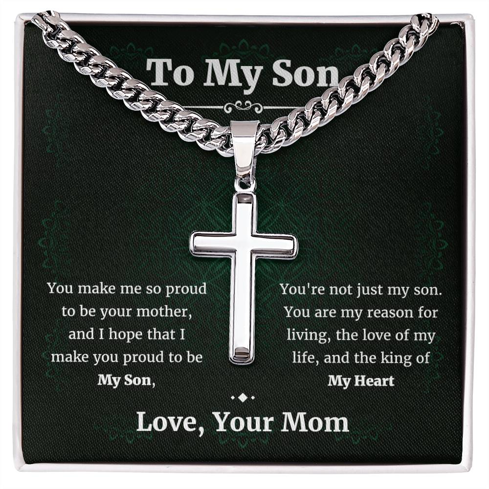 To My Son Cuban Chain with Artisan Cross Necklace • Son Gifts from Mom • Mother to Son Gifts • Gifts for Son Birthday • Unique Gift for Son from Mother