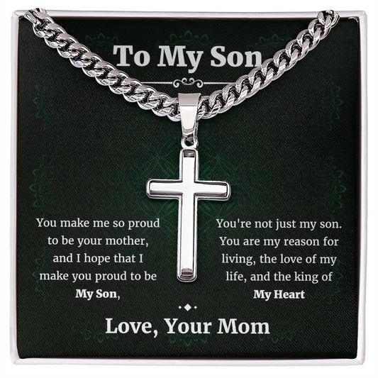 To My Son Cuban Chain with Artisan Cross Necklace • Son Gifts from Mom • Mother to Son Gifts • Gifts for Son Birthday • Unique Gift for Son from Mother