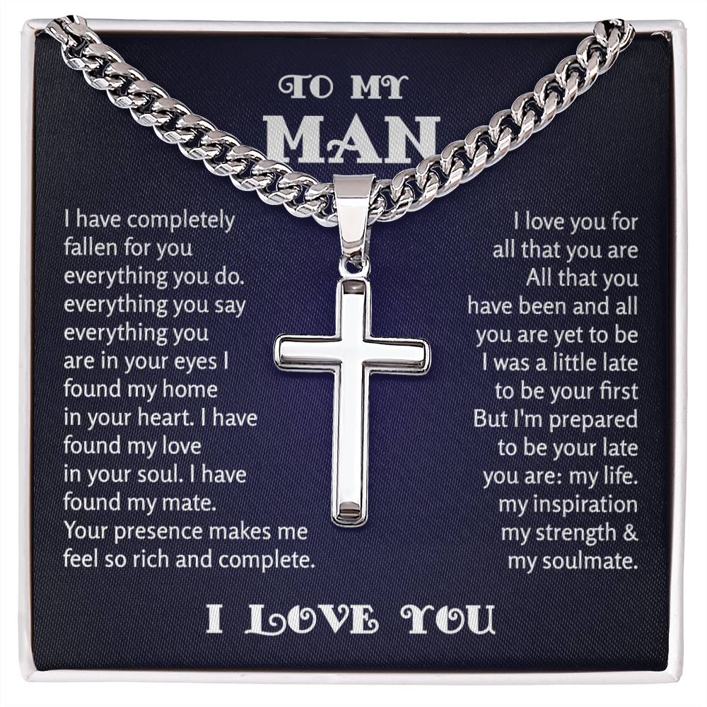 To My Man Cuban Chain with Artisan Cross Necklace Necklace, Gifts For Boyfriend From Girlfriend, For Husband From Wife