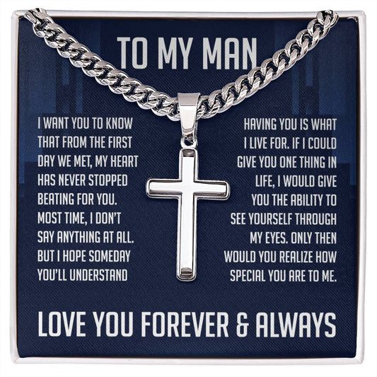 To My Man Cuban Chain With Artisan Cross Necklace, Gifts For Boyfriend From Girlfriend, Gift For Husband From Wife