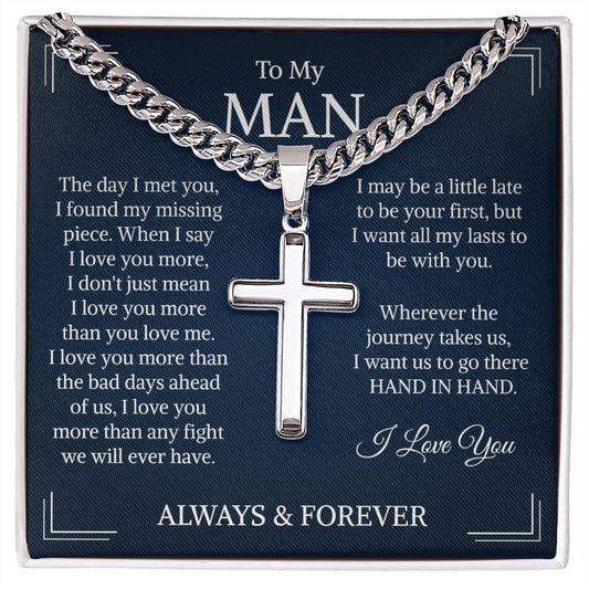 To My Man Gift, Cross Necklace for Men, Cuban Chain Pendant Necklace, for Husband, Boyfriend, Soulmate, Men's Christmas Gift, Wedding Gift