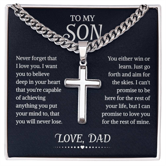To My Son Cuban Chain With Artisan Cross Necklace From Dad, Son Gift From Dad, Father And Son Necklace, Christmas Birthday Graduation Gifts For Son