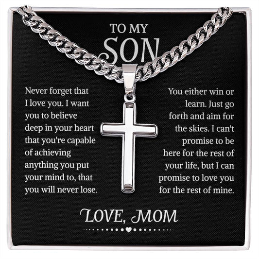 To My Son Cuban Chain With Artisan Cross Necklace From Mom, Son Gift From Mom, Mother And Son Necklace, Christmas Birthday Graduation Gifts For Son