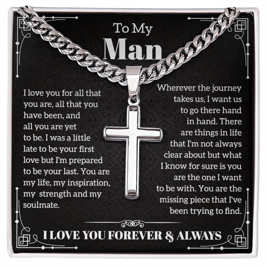 To My Man Cuban Chain with Artisan Cross Necklace, Gifts For Boyfriend From Girlfriend, Gifts For Husband From Wife, Valentine's Day Gift