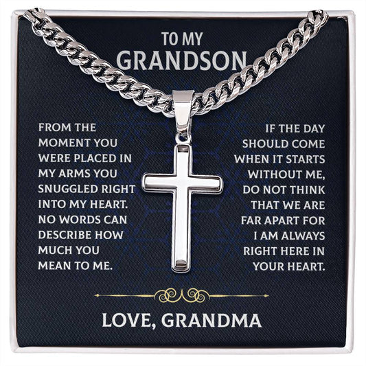 To My Grandson, Cuban Chain With Artisan Cross Necklace, Heartfelt Jewelry Card, Meaningful Birthday Gift, Christmas Gift Grandson, Cross Pendant Gift