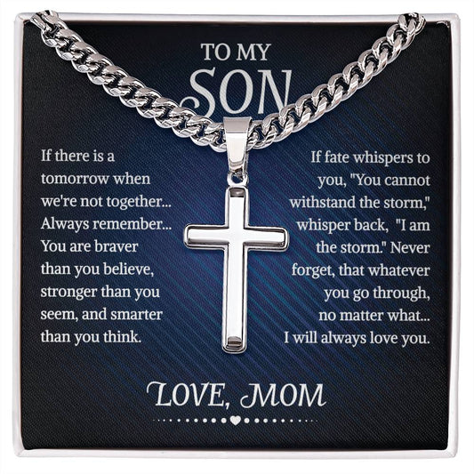 To My Son Cuban Chain With Artisan Cross Necklace From Mom, With Message Card And Gift Box, Necklaces For Birthday, Anniversary, Christmas Gift