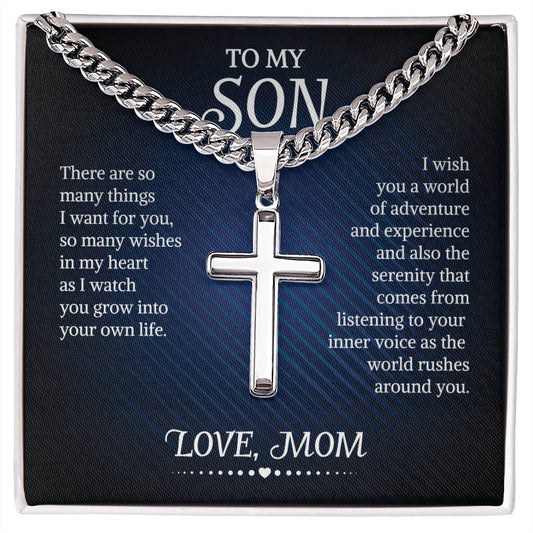 To My Son From Mom, Son Gifts from Mom, Mother and Son Necklace, Birthday Gift For My Son Graduation Christmas Cuban Chain with Artisan Cross Necklace