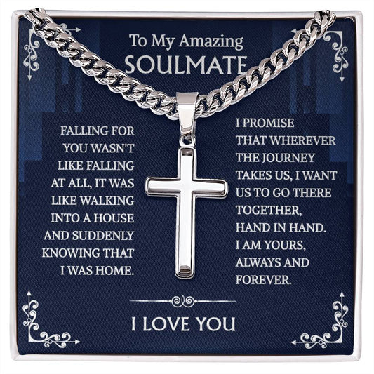 To My Soulmate Cuban Chain With Artisan Cross Necklace Gift For Him From Her, Wife, Girlfriend, Anniversary, Wedding, Valentine, Birthday, Christmas