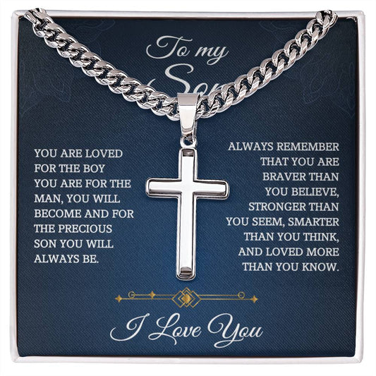To My Son Gifts From Mom and Dad, Birthday Gift For Son Graduation Christmas Cuban Chain With Artisan Cross Necklace Present