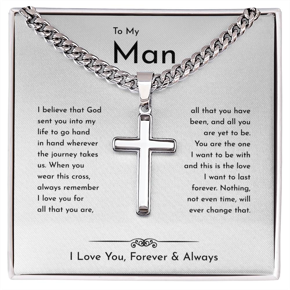 To My Man Cuban Chain With Artisan Cross Necklace • Birthday Gift • Valentine's Day Gift • Christmas Gift • Anniversary Necklace