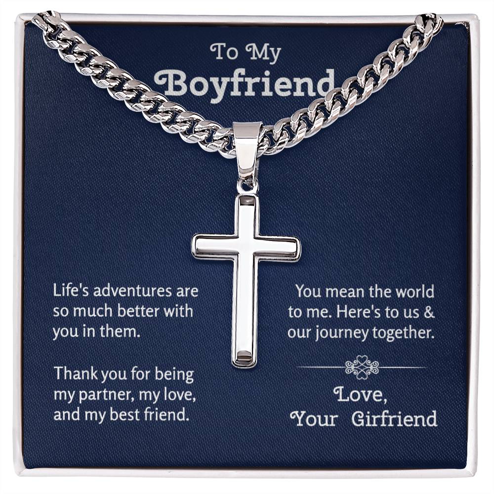 Gift for Boyfriend | Cuban Chain With Artisan Cross Necklace from Girlfriend | Boyfriend Anniversary Jewelry