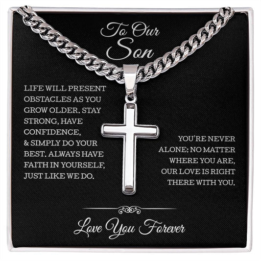To Our Son Cuban Chain With Artisan Cross Necklace, Son Gifts From Mom and Dad, Gift for Son from Parents, Son Necklace From Mom and Dad