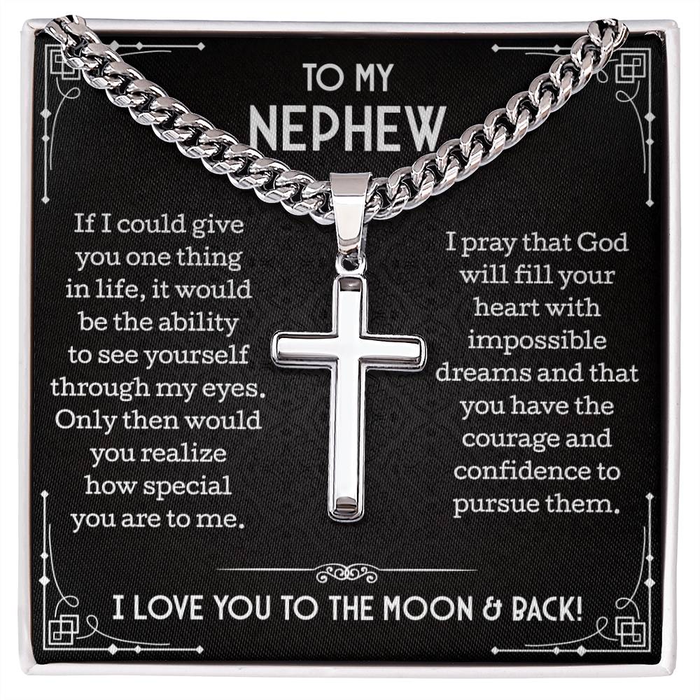 To My Nephew Cuban Chain with Artisan Cross Necklace • Nephew Gift for Men • Message Card Nephew Jewelry • Necklace for Nephew for Birthday Christmas