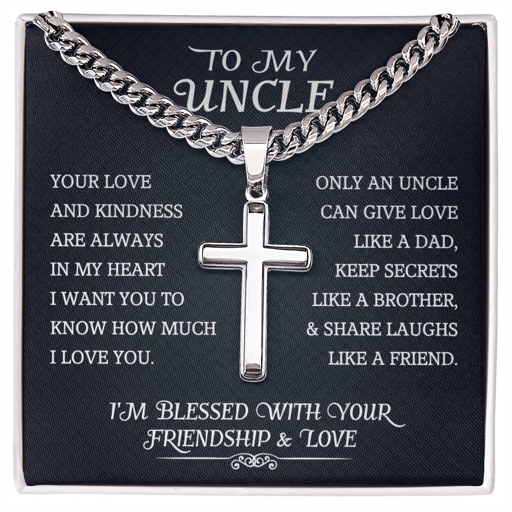To My Uncle Cuban Chain With Artisan Cross Necklace, Uncle Birthday Gift, Message Card Jewelry, Appreciation Necklace for Uncle from Nephew or Niece