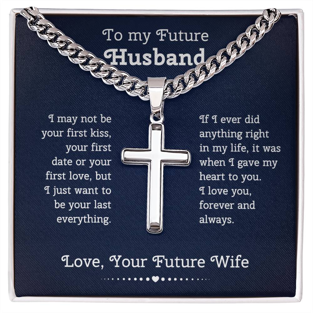 To My Future Husband Cuban Chain with Artisan Cross Necklace Gift Set Cross Necklace with Message Card and Gift Box, Gift for Husband, Husband Gift