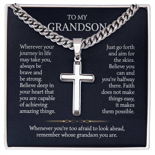 To My Grandson Cuban Chain with Artisan Cross Necklace | Jewelry From Grandma Grandpa | Graduation Birthday Christmas Gift For Grandson