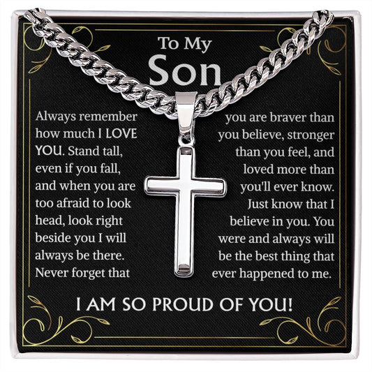 To My Son Cuban Chain With Artisan Cross Necklace, Birthday Gift Necklace For Son, Graduation Gift Necklace For Son, Christmas Gift