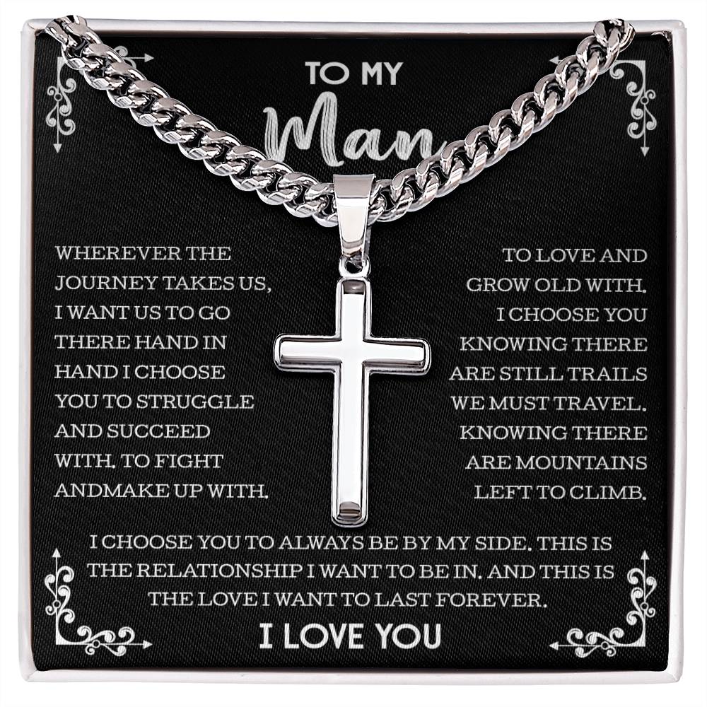 To My Man Cuban Chain with Artisan Cross Necklace, Gift For Boyfriend From Girlfriend, Necklace For Husband From Wife