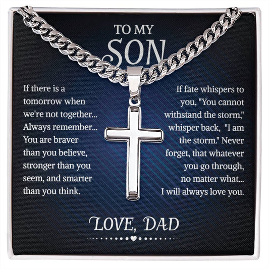 To My Son Cuban Chain With Artisan Cross Necklace From Dad, With Message Card Gift Box, Necklaces For Birthday, Anniversary, Christmas Gift