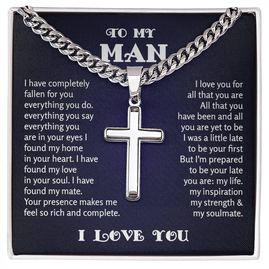 To My Man Cuban Chain with Artisan Cross Necklace Cross Ball Chain Necklace, Gifts For Boyfriend From Girlfriend, For Husband From Wife