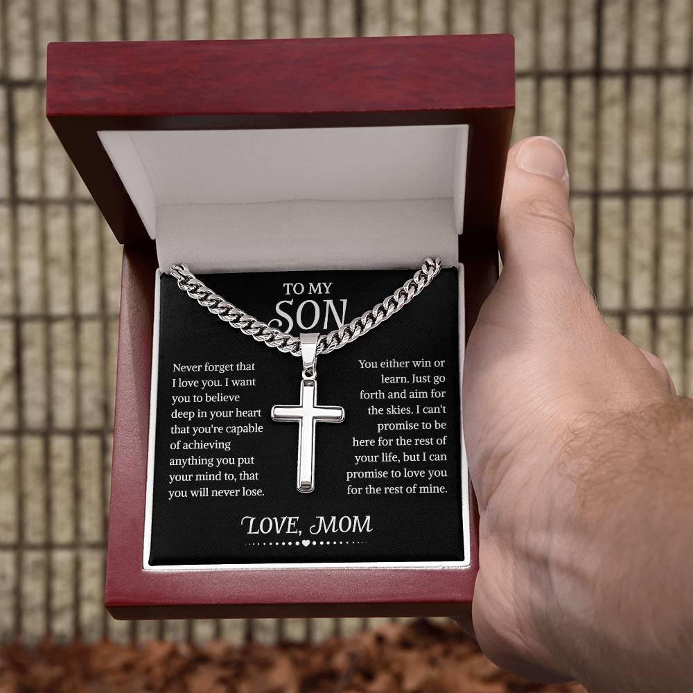 To My Son Cuban Chain With Artisan Cross Necklace From Mom, Son Gift From Mom, Mother And Son Necklace, Christmas Birthday Graduation Gifts For Son